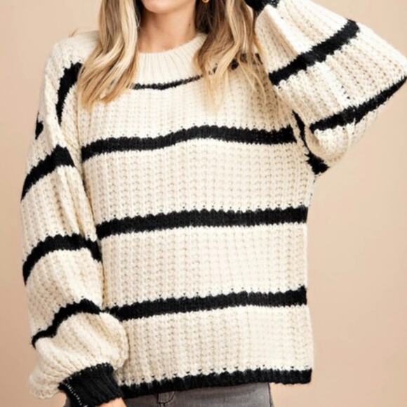 Kori America Sweater Size Medium Slouchy Boxy Ivory Black Striped Balloon Sleeve - Picture 1 of 10